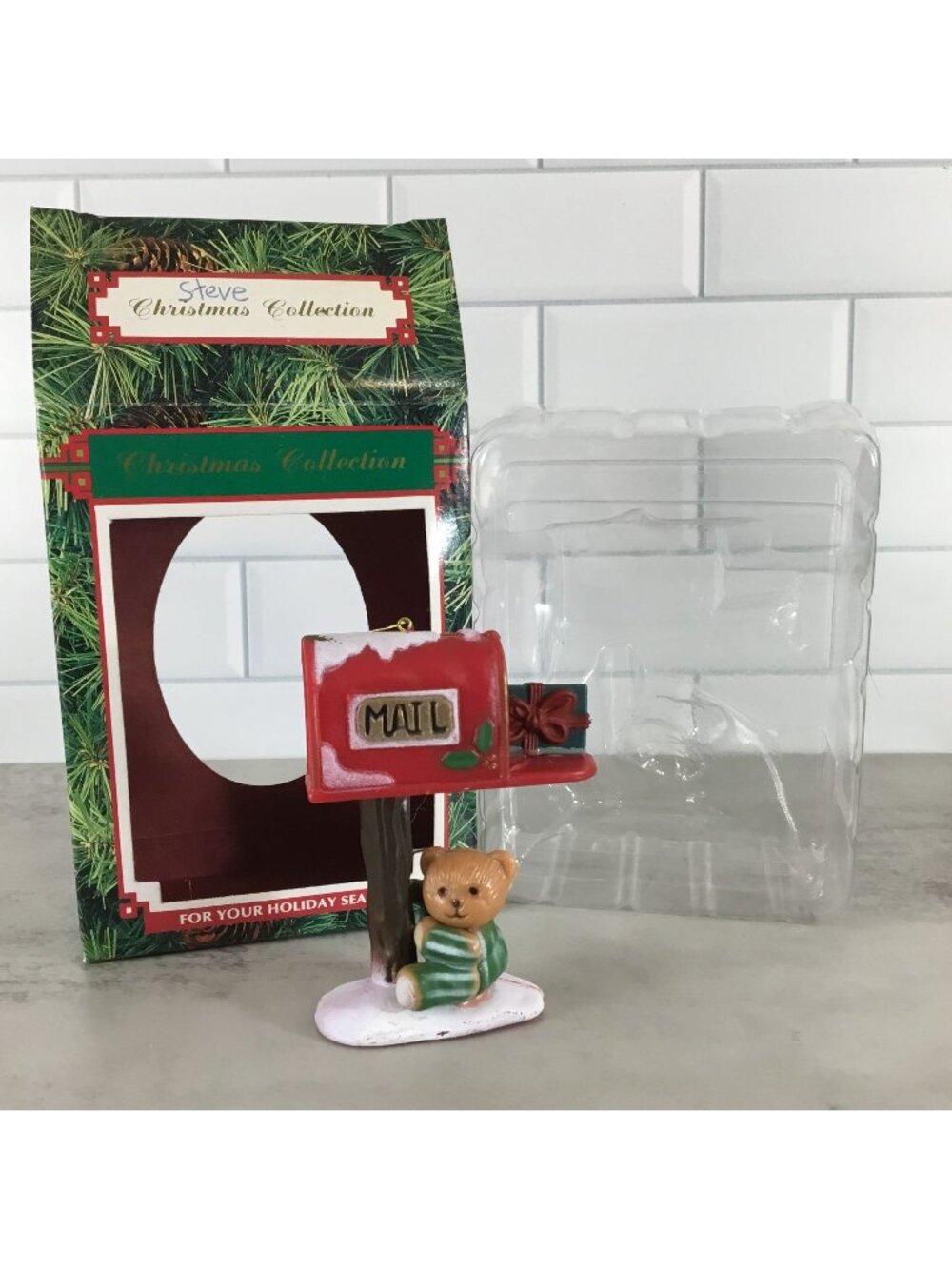 Red Mailbox with Teddy Bear Christmas Ornament Vintage Holiday Collectible
